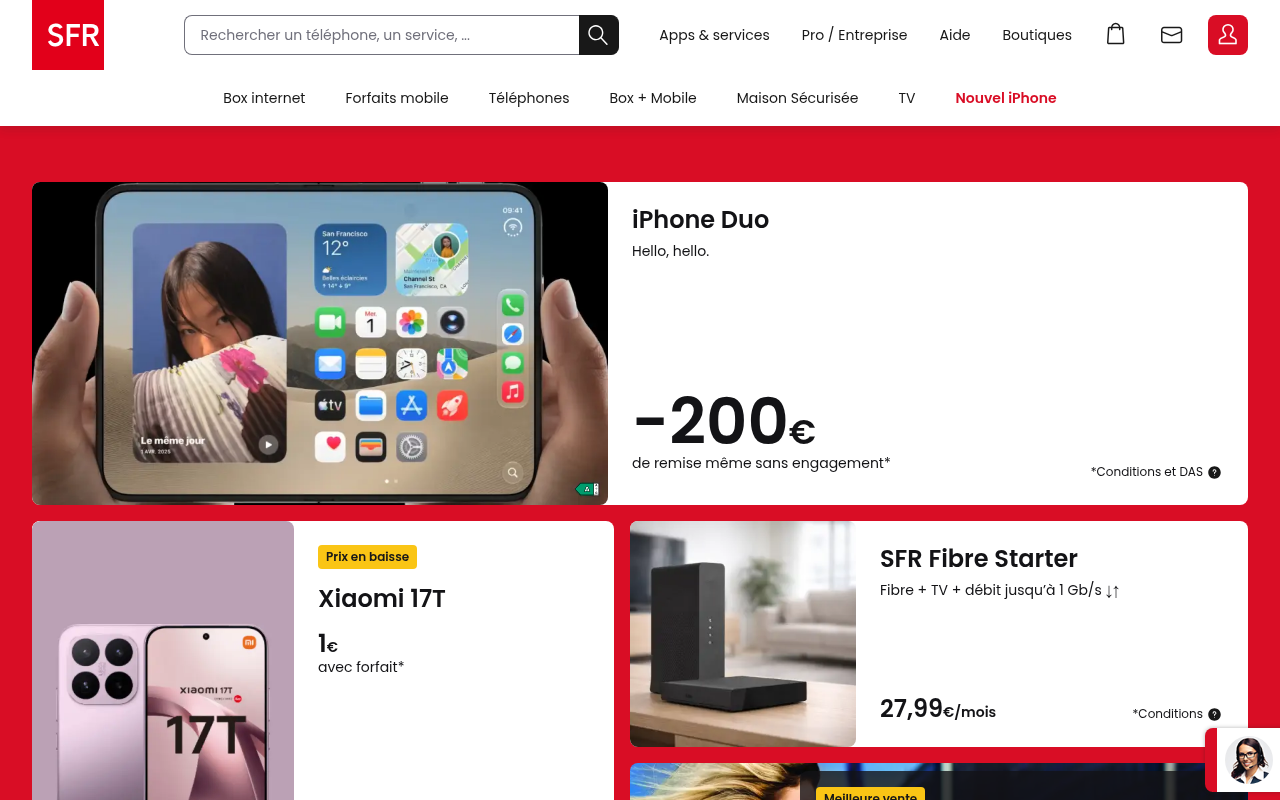 Capture d'écran de la page d'accueil de sfr.fr