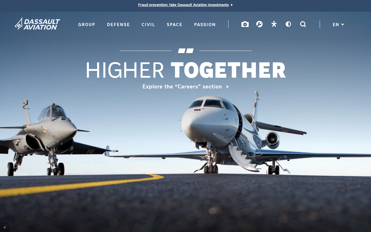 Capture d'écran de la page d'accueil de dassault-aviation.com